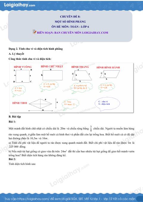 Dạng 2. Tính chu vi và diện tích hình phẳng Chủ đề 8 Ôn hè Toán 6